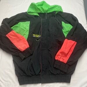 Vintage Style Auto Racing Windbreaker Jacket Neon Colorblock Hooded Mens Large
